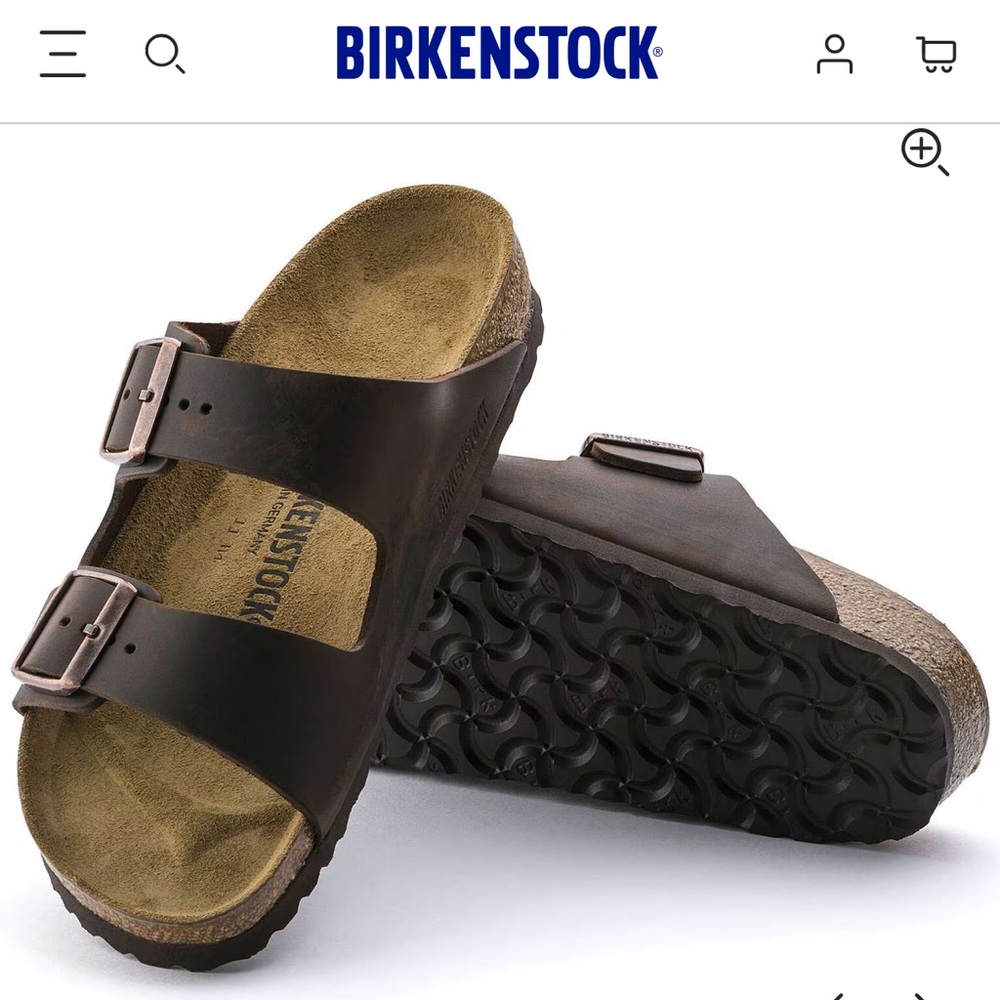 Birkenstock Arizona Two-Strap Sandals in Dark Brown with Bronze Buckles